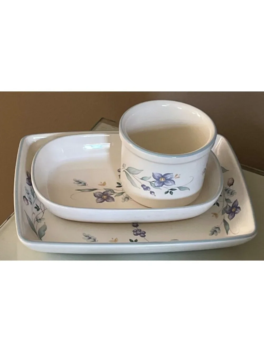 Pfaltzgraff April Set Purple Flower Stoneware 3 Pc Cottagecore Housewares Dishes